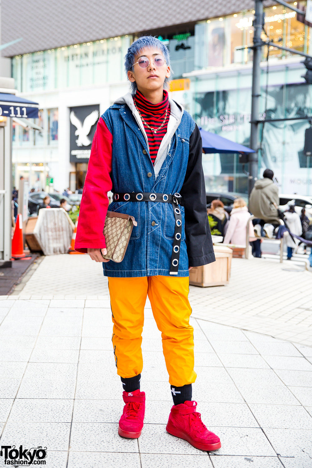 Colorblock Harajuku Street Style w/ Handmade Jacket, MRC Noir Pants, Nike Air Force One Sneakers & Gucci Clutch