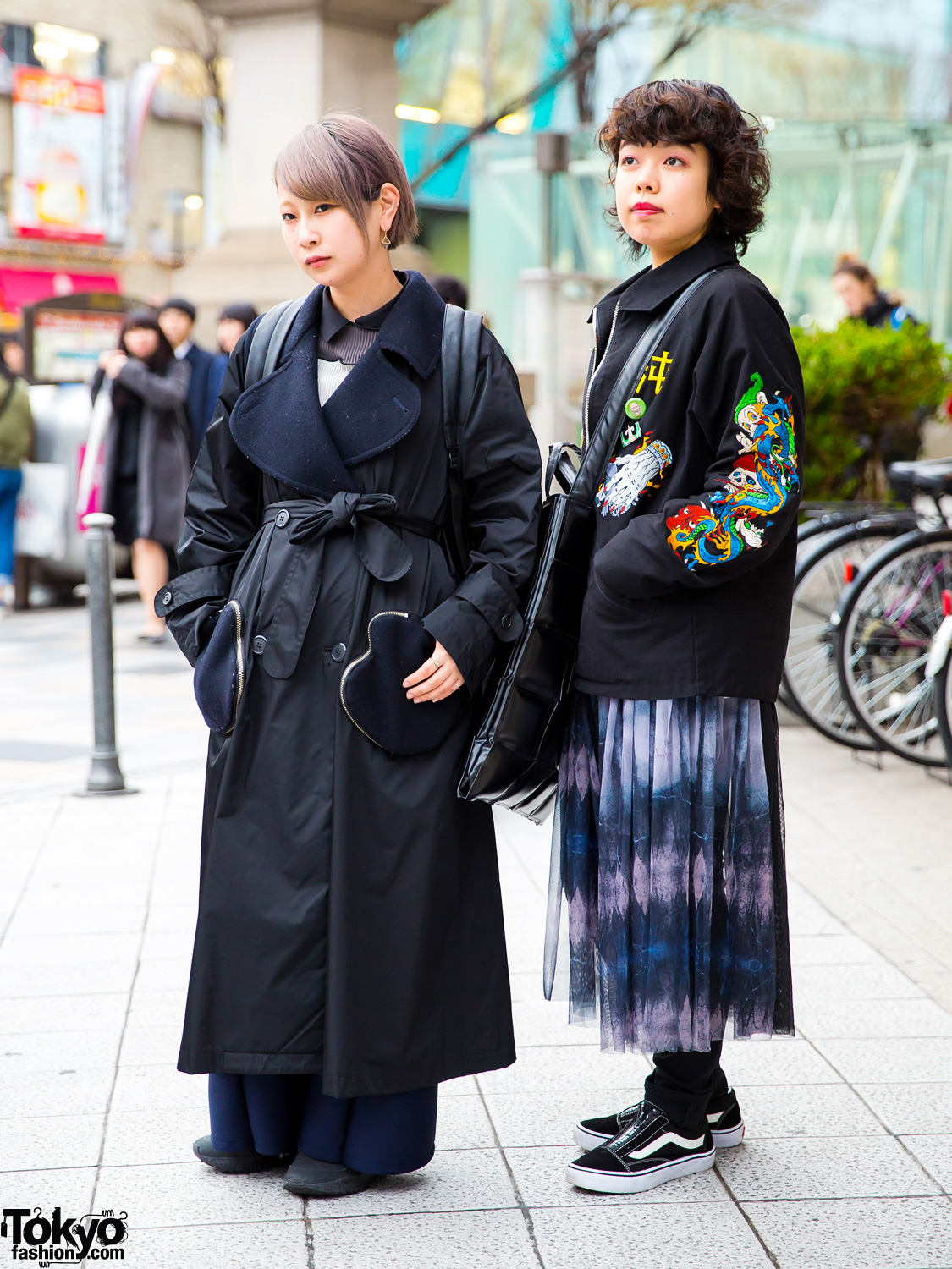 Japanese Dark Streetwear in Harajuku w/ Tsumori Chisato Trench Coat, Ahcahcum Backpack, Kidill Patch Jacket & Black Comme des Garcons Geometric Tote