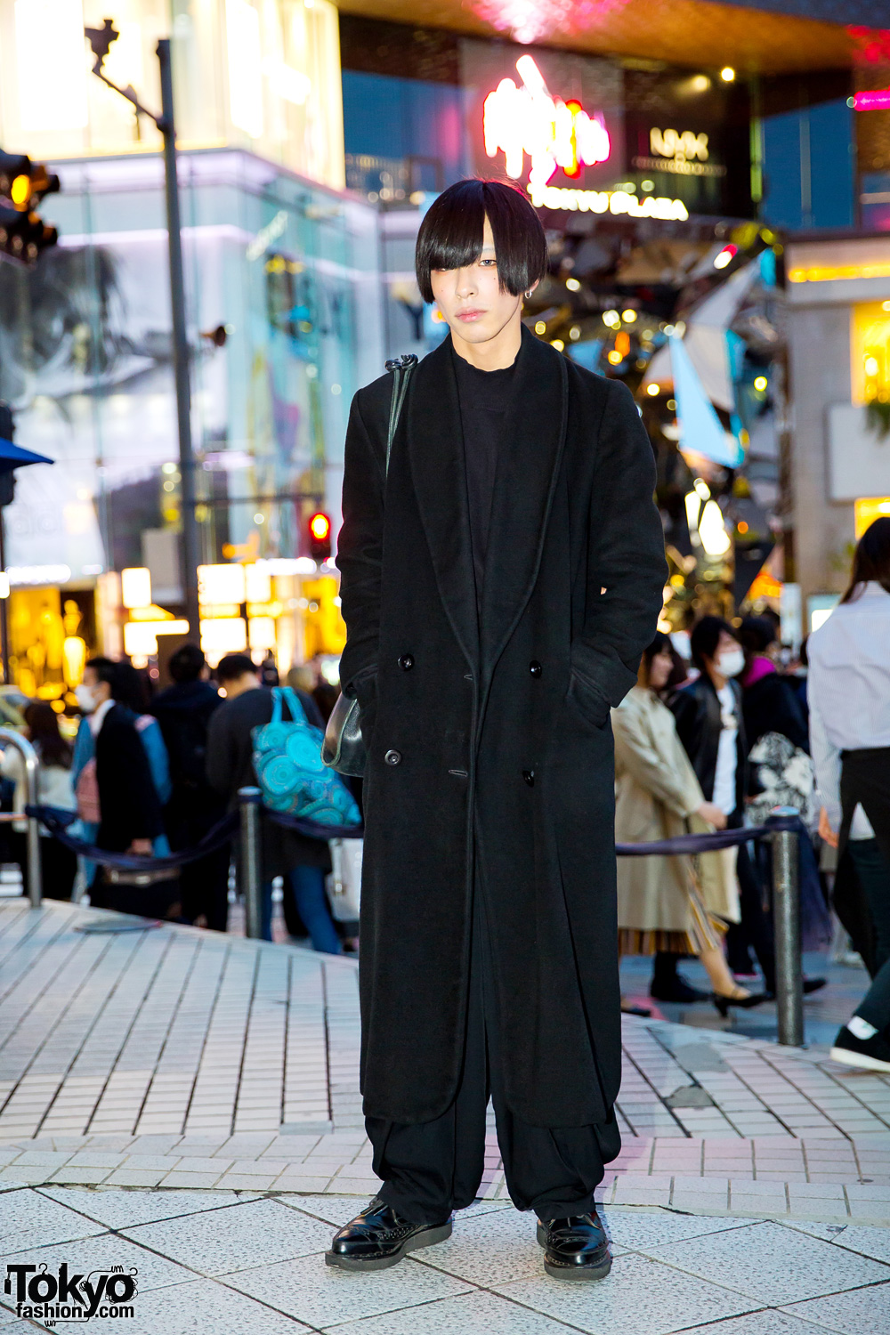 Japanese Art Designer in All Black Menswear Look w/ Christian Dior Coat, Kujaku Parachute Pants, George Cox Shoes & Gucci Sling