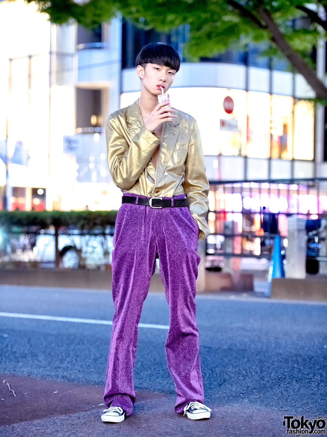 Japanese Streetwear Style w/ Gold Comme Des Garcons Jacket, Sequin Pants & Converse Sneakers