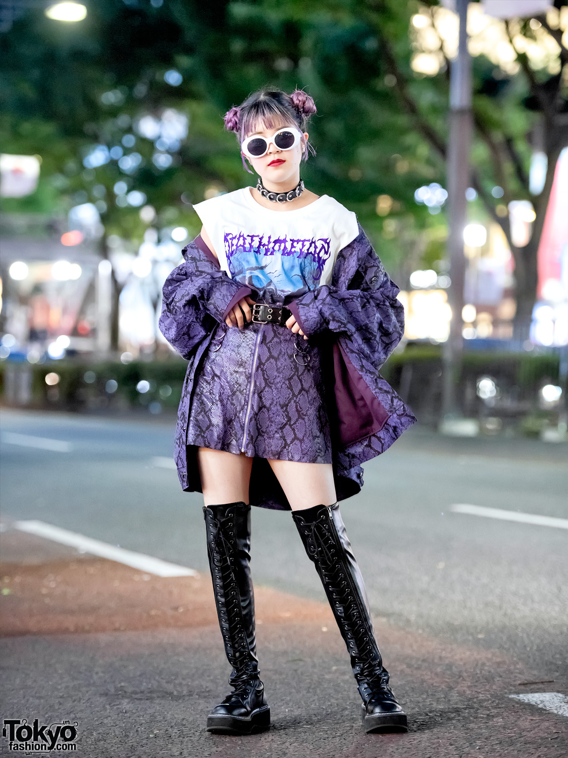 Harajuku Girl in DYOG Purple Snakeskin Jacket & Miniskirt, Faith Tokyo & Demonia
