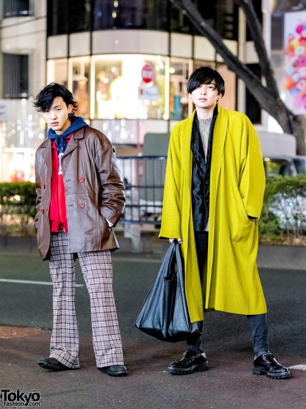 Tokyo Menswear Street Styles w/ The Four-Eyed Leather Jacket, Tunagi Japan Plaid Pants, Issey Miyake Homme Plisse Pleated Coat & Prada Shoes