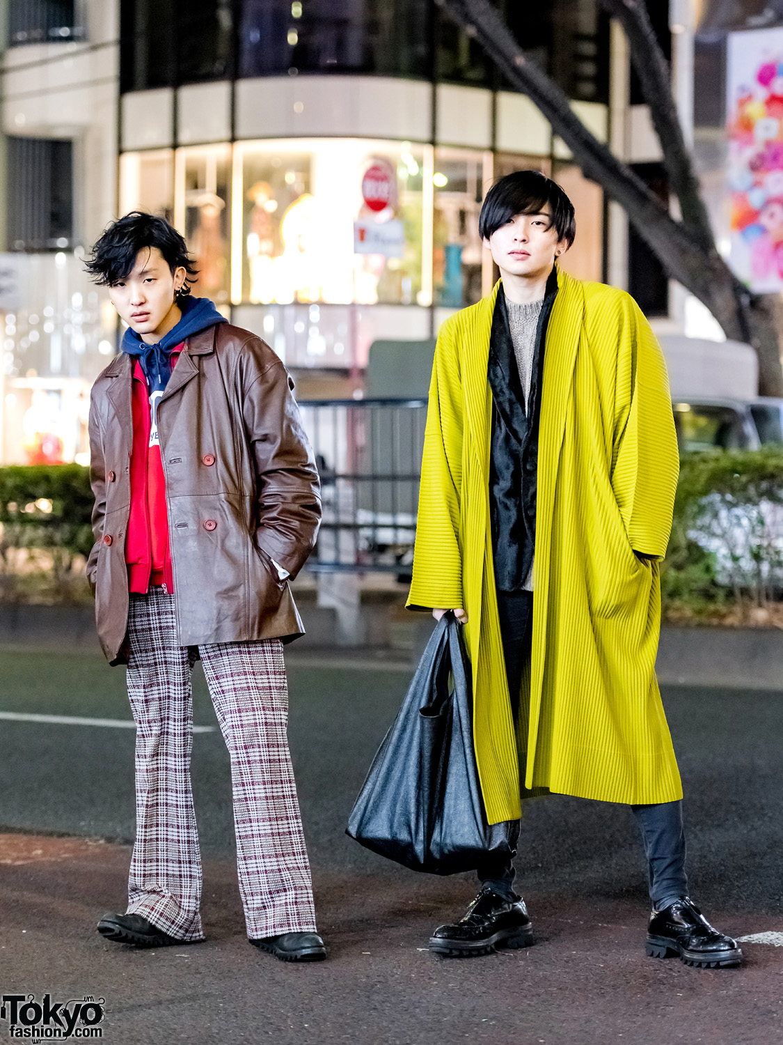 Tokyo Menswear Street Styles w/ The Four-Eyed Leather Jacket, Tunagi Japan Plaid Pants, Issey Miyake Homme Plisse Pleated Coat & Prada Shoes