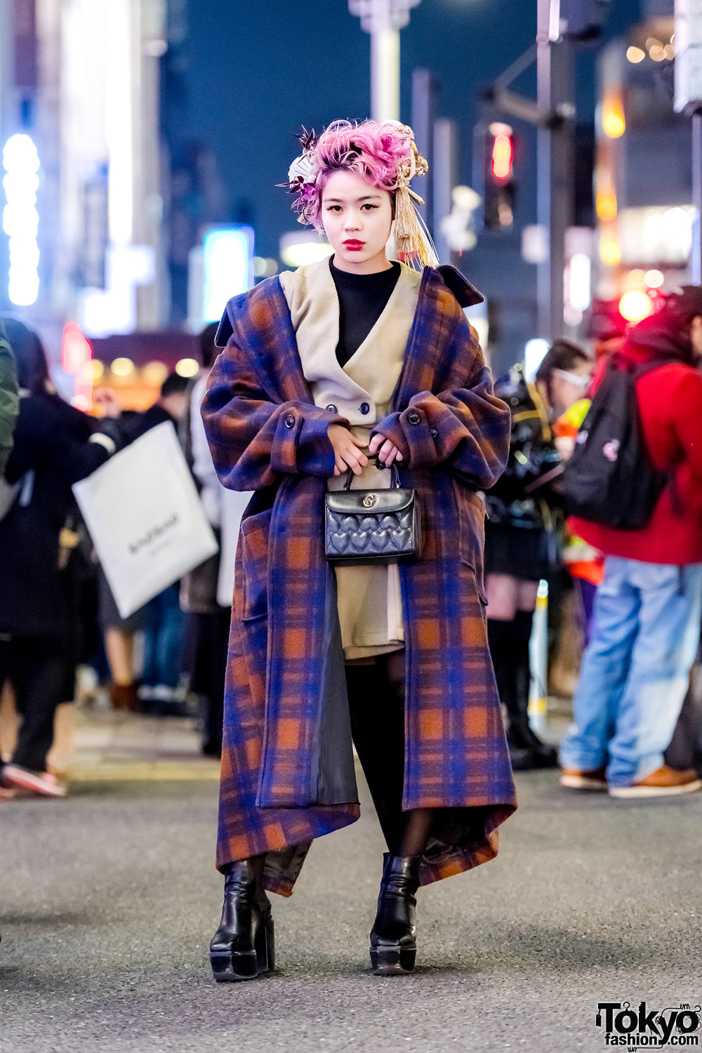 Japanese Beautician in Harajuku w/ Statement Headpiece, Haushca Plaid Maxi Coat, Emoda Booties & Quilted Handbag