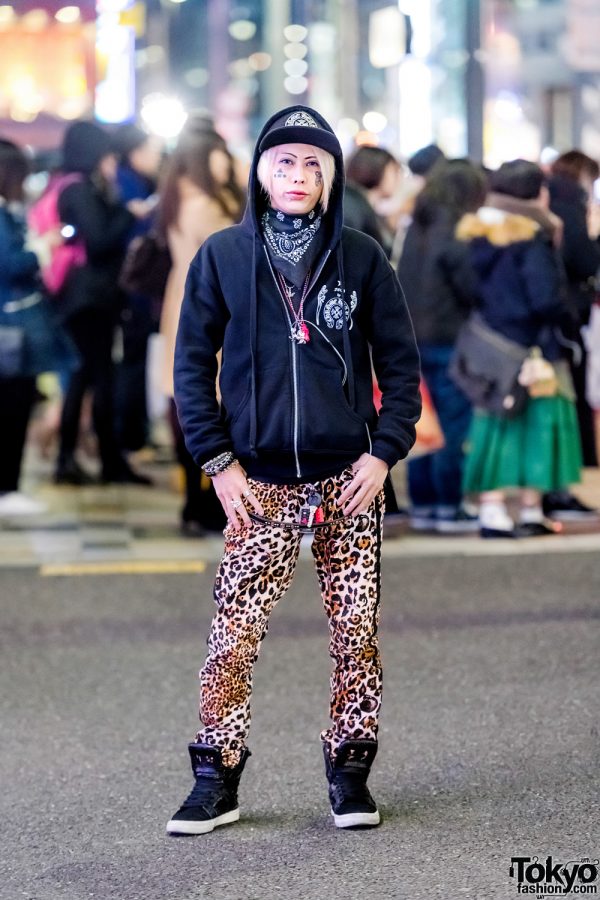 Harajuku Guy w/ Face Tattoos in Chrome Hearts Jacket, Leopard Print Pants, Sneakers & Accessories
