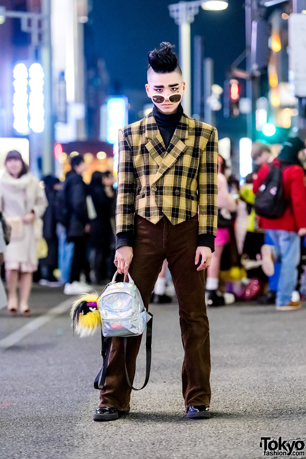Tokyo Vintage Street Style w/ Yellow Plaid Jacket, Brown Pants, Heeled Boots & WEGO Iridescent Backpack