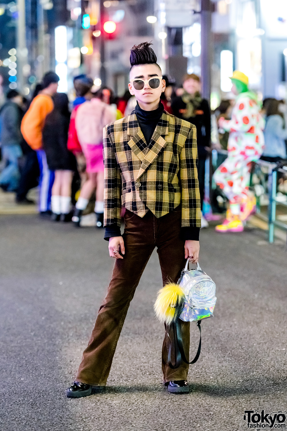 Tokyo Vintage Street Style w/ Yellow Plaid Jacket, Brown Pants, Heeled ...