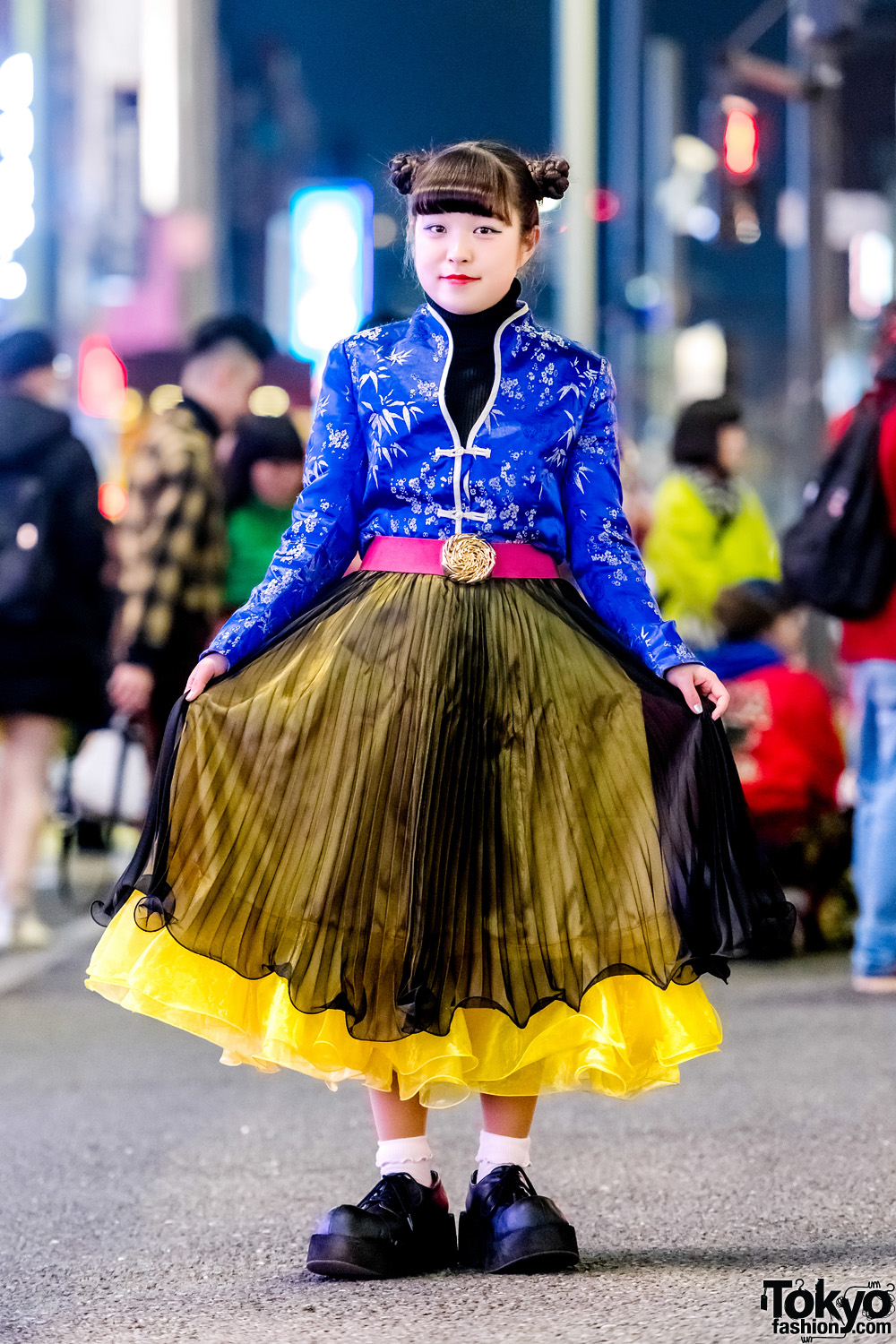 San To Nibun No Ichi Floral Top, Pleated Skirt & Demonia Platforms in Harajuku