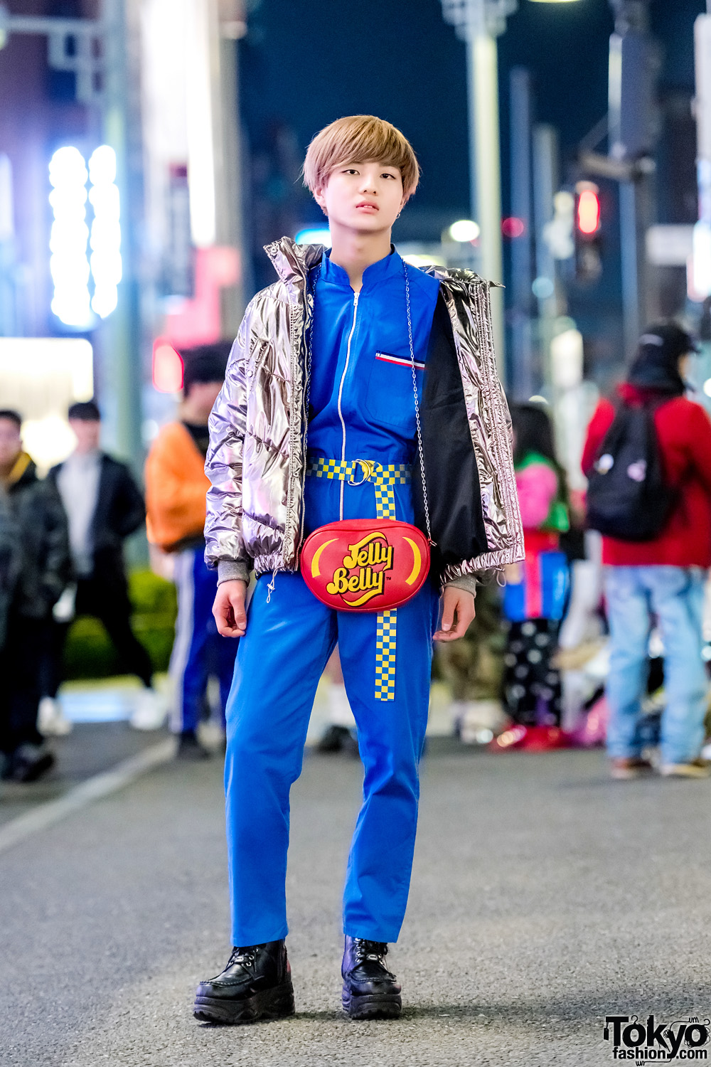 Harajuku Street Style w/ Ding Jelly Belly Bag, H&M Metallic Jacket, Kinji Overalls & Yosuke Platform Boots