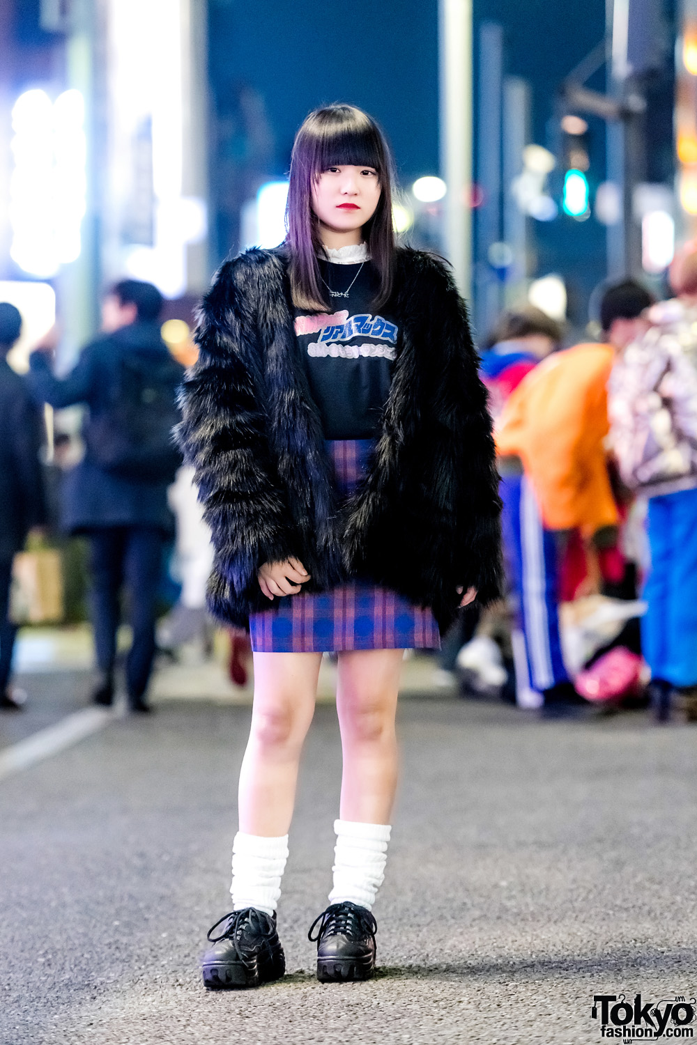 Harajuku Girl in H&M Faux Fur Jacket, 7% More Pink Plaid Skirt & Oh Pearl Necklace