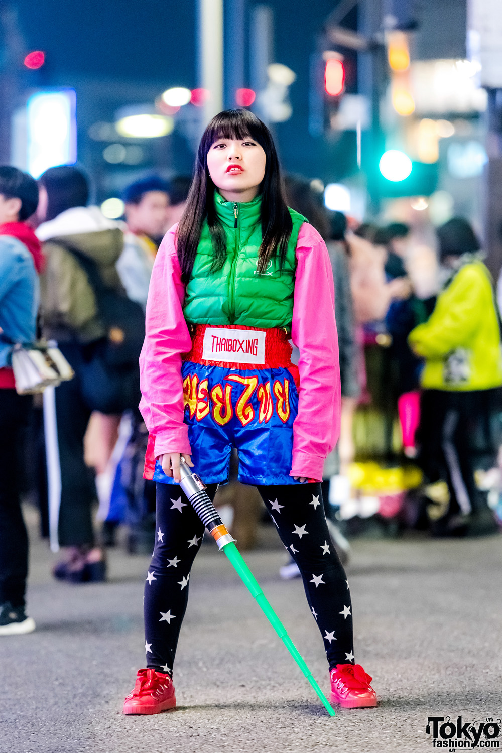 Harajuku Colorful Streetwear Style w/ Lightsaber, Ralph Lauren Jacket, Muay Thai Shorts & Stradivarius Shoes