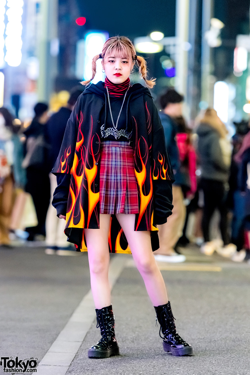 Harajuku Girl in Flame Print Jacket, WEGO Plaid Skirt, Kinji Bag & 7% More Pink Boots