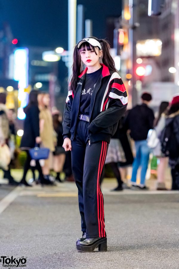 Black & Red Street Style in Harajuku w/ Adidas Track Suit, Funktique Tokyo T-Shirt & Under Armour Visor