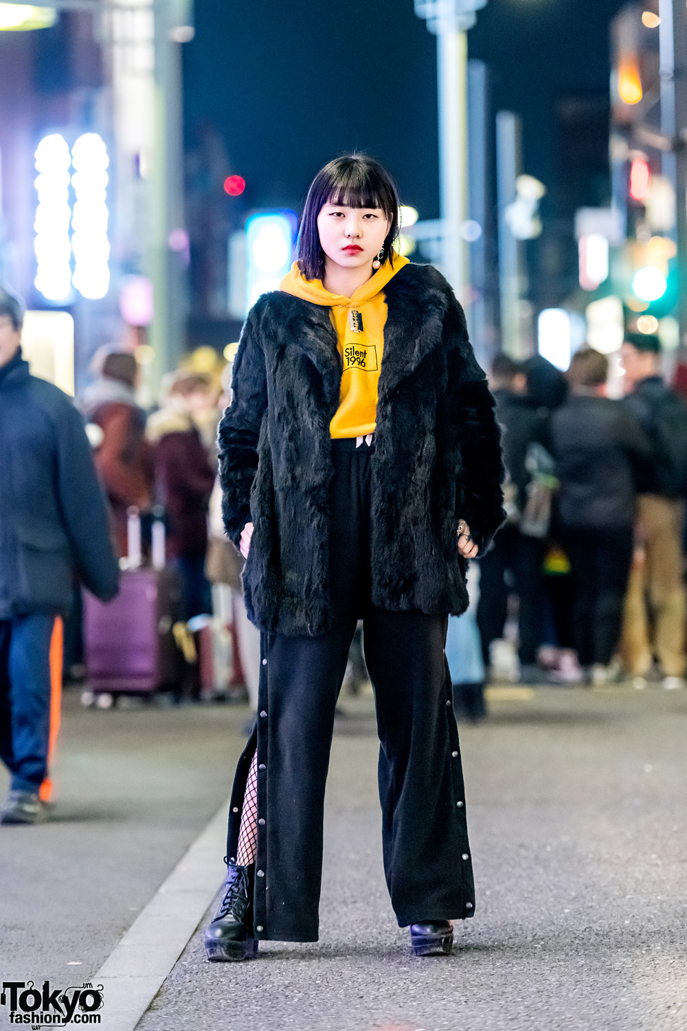 Streetwear Style in Tokyo w/ Faux Fur Coat, WEGO Hoodie Sweater, Faith Tokyo Side Snap Pants & Lace-Up Booties