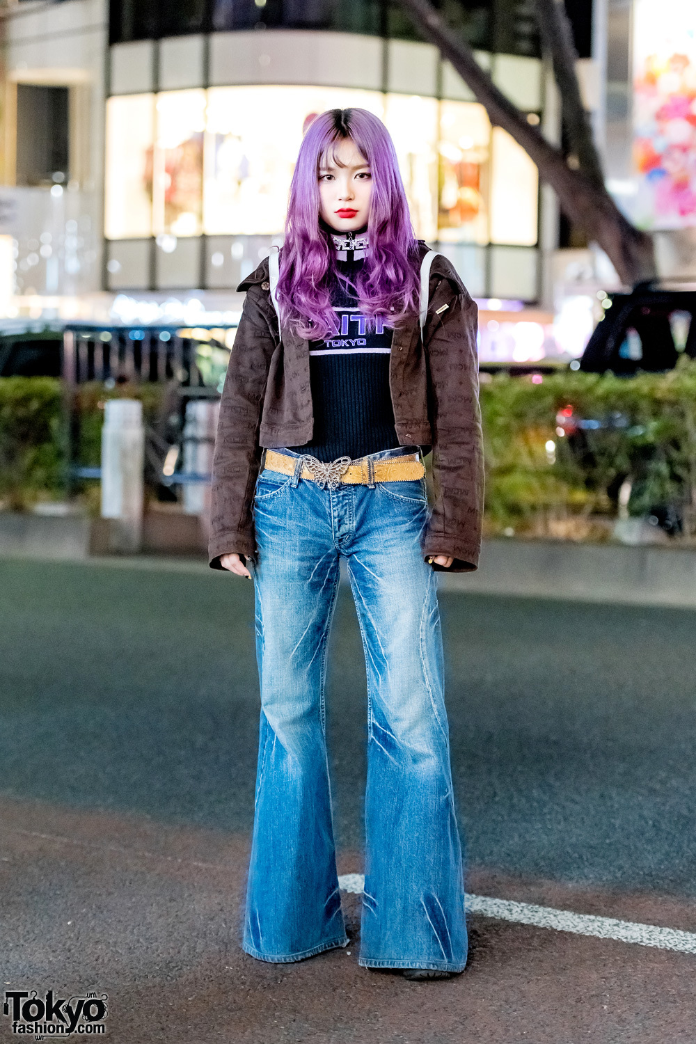 Bell Bottom Jeans, Butterfly Belt Buckle & Purple Hair On The Street in Harajuku