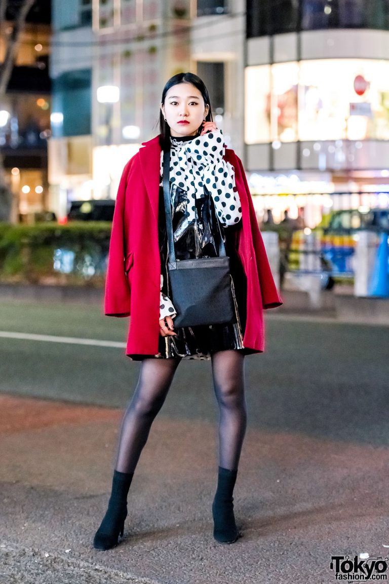 Harajuku Model & Actress in Red Coat, Polka Dots, Patent Leather Dress ...