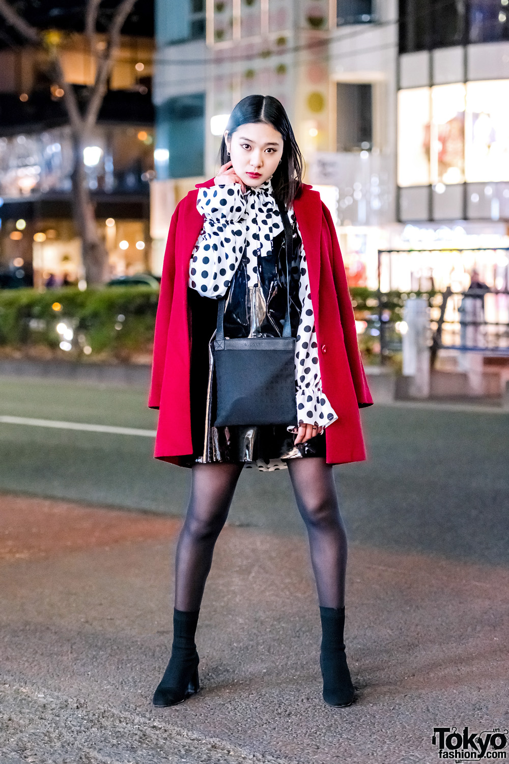 Harajuku Model & Actress in Red Coat, Polka Dots, Patent Leather Dress, Suede Heels & Bvlgari Bag