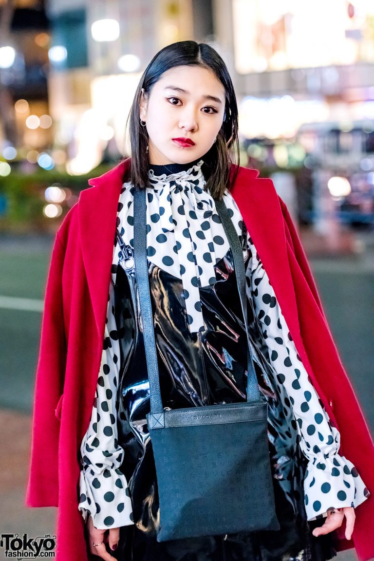 Harajuku Model & Actress in Red Coat, Polka Dots, Patent Leather Dress ...
