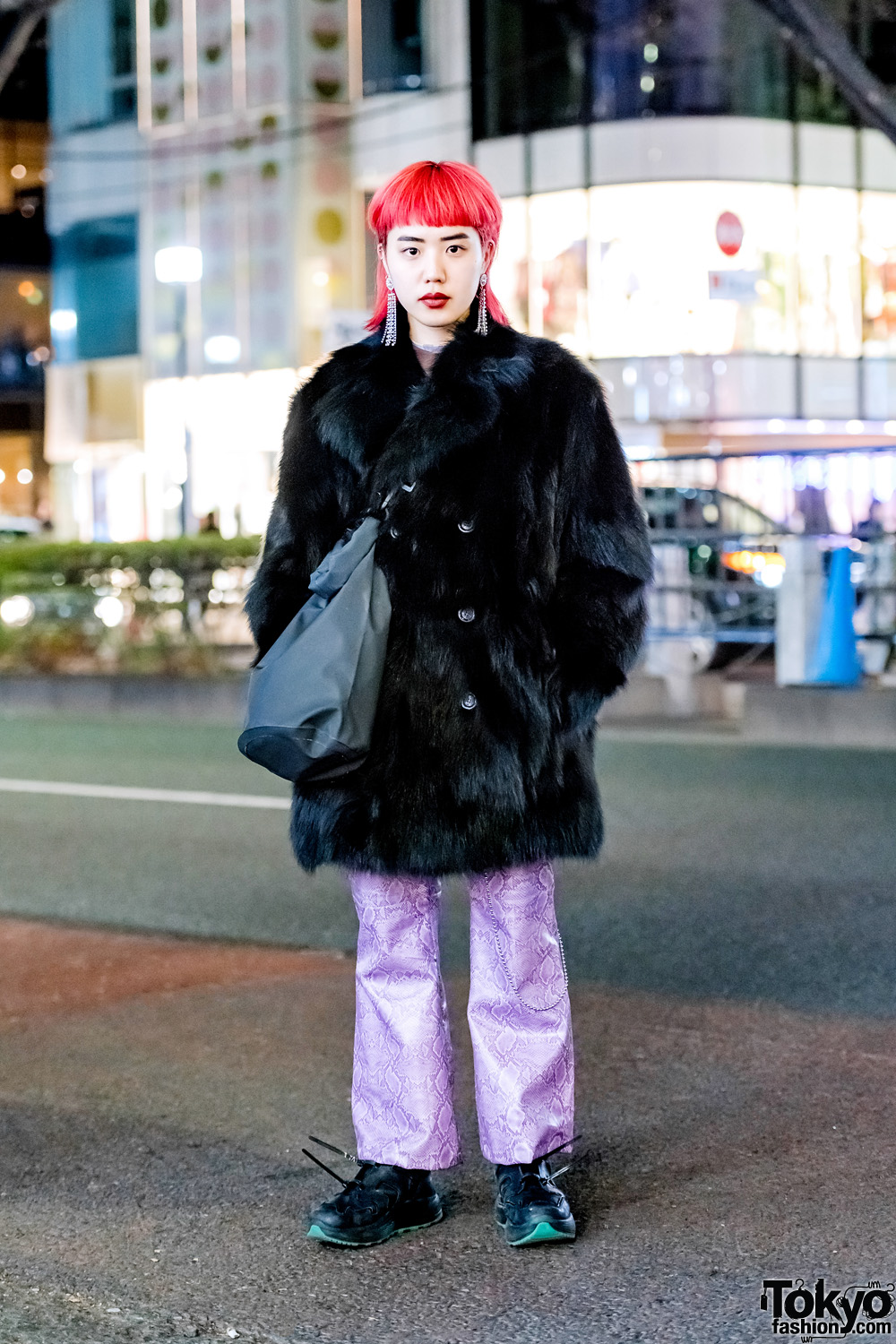 Red-Haired Harajuku Girl in Vintage Street Style w/ Faux Fur Jacket, Purple Snakeskin Pants, Alyx Bag & Eytys Sneakers