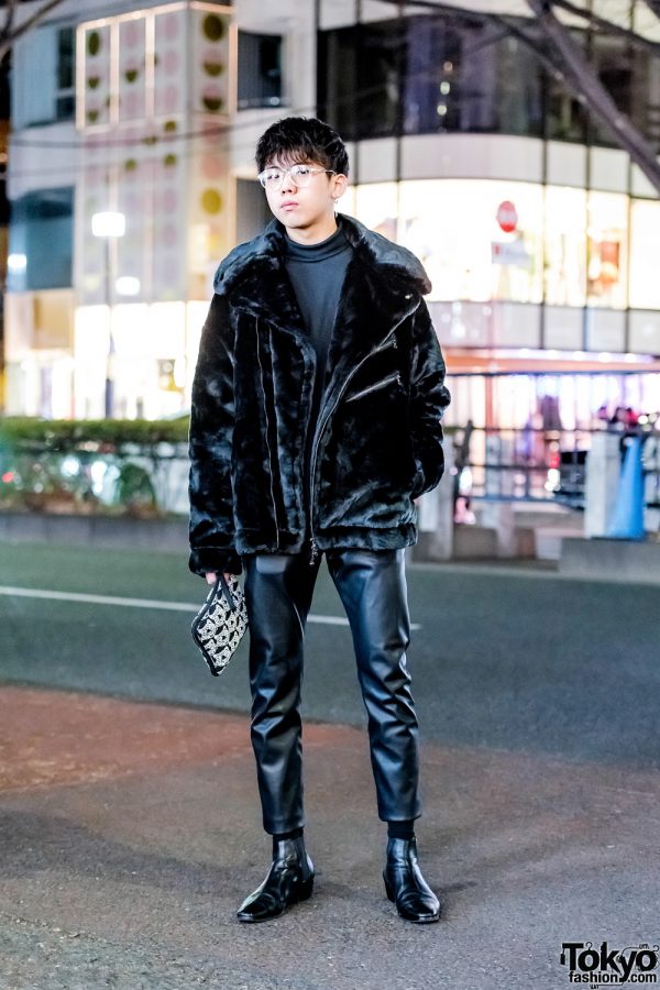 Edgy All-Black Streetwear Style w/ Faux Fur Jacket, Leather Cropped Pants & Leather Heeled Boots