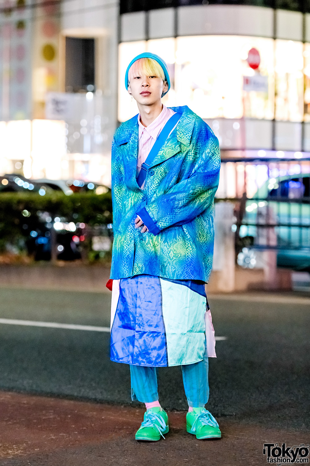 Blue & Green Tokyo Vintage Streetwear Style w/ Snakeskin Jacket, Striped Pants, Tommy Hilfiger Bag & Ice Cream Sneakers