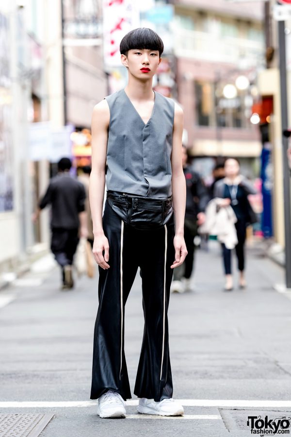 Tokyo Editorial Street Style w/ Raf Simons Vest, Wide Leg Pants & Reebok Sneakers