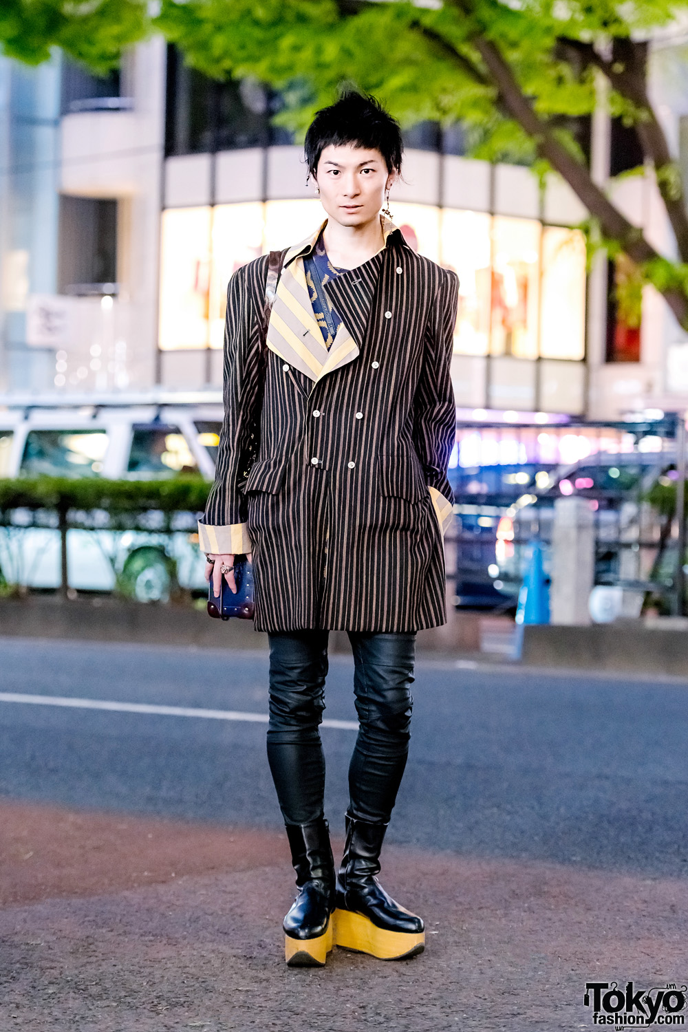 Harajuku Designer Streetwear Style w/ Double-Breasted Coat, Skinny Leather Pants, Leather Box Bag & Cutout Platforms