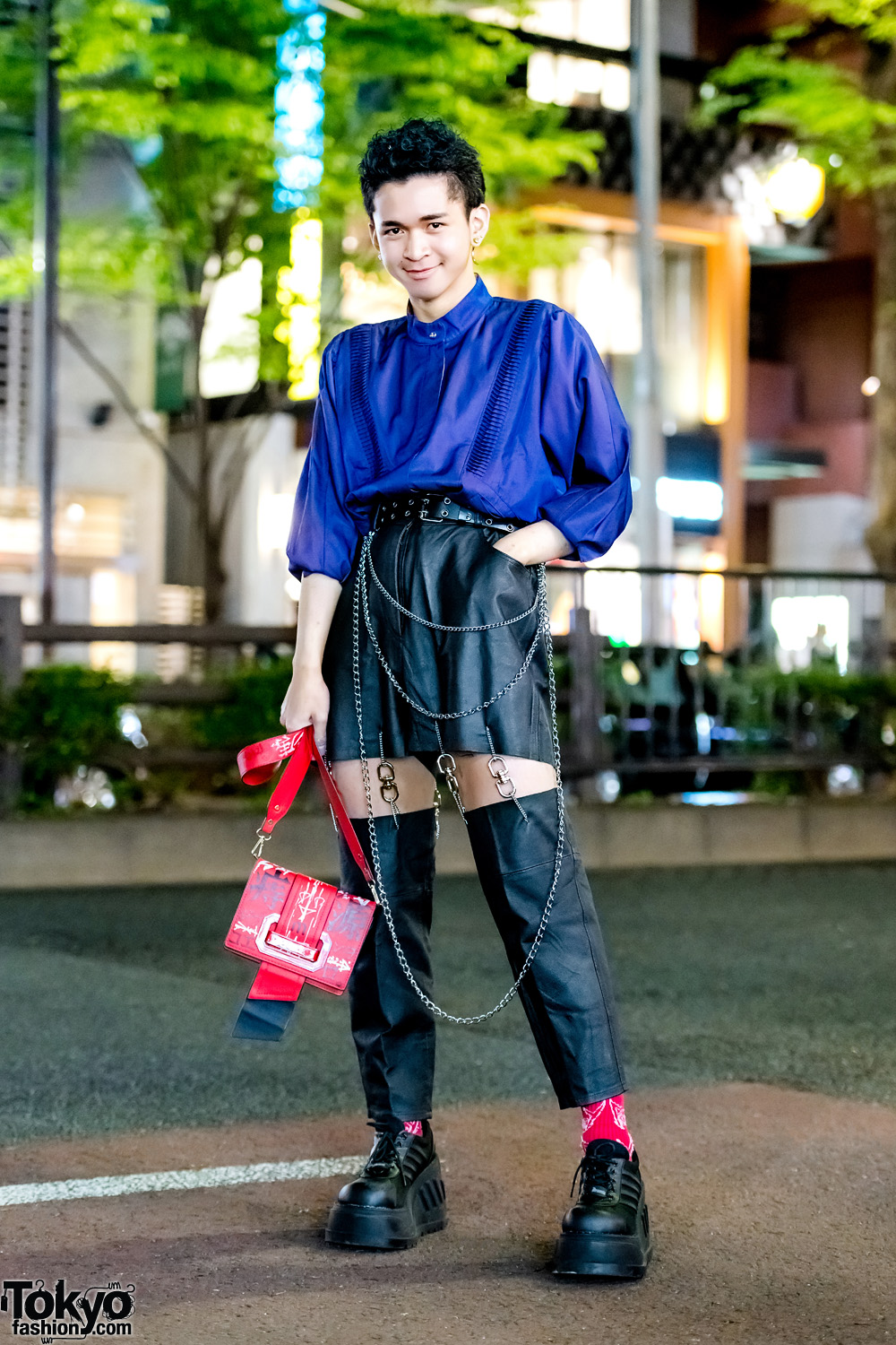 Harajuku Teen's Street Style w/ King Family Pleated Top, Remake Kinji Cutout Pants, Demonia Platforms & Mememi Sling Bag