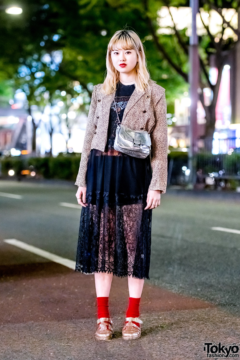 Harajuku Street Style w/ Birthdeath Blazer, Sheer Skirt, Crossbody Bag & Glitter Jelly Shoes
