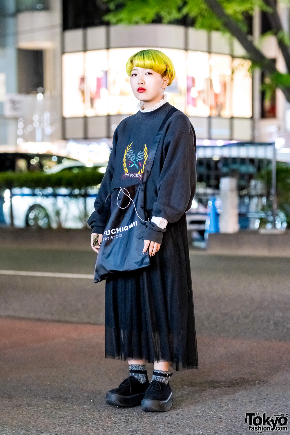 Japanese Street Style w/ Neon Green Bob, Merlot Midi Skirt, Tokyo Bopper Shoes & Yoko Fuchigami Tote