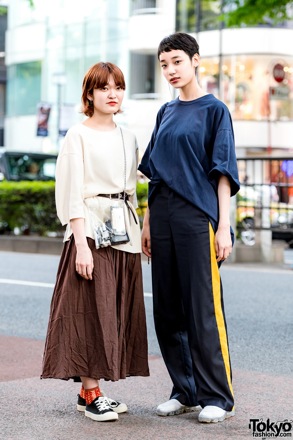 Japanese Girls in Minimalist Street Styles w/ Universal Overall T-Shirt, 3/4 Sleeve Top, Suede Sneakers & Sling Bags