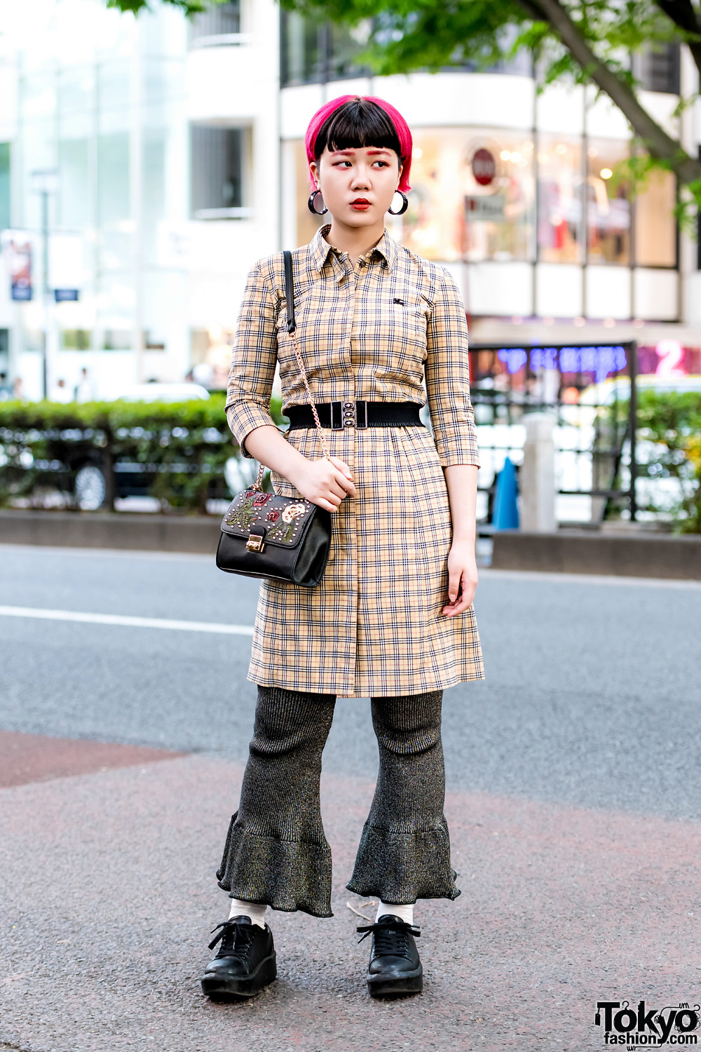 Retro Street Fashion in Harajuku w/ Burberry Tunic Dress, Kaka Vaka Ruffle Pants & Bershka Sling Bag