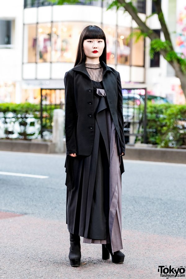 Monochrome Minimalist Street Style w/ Yohji Yamamoto Coat, Yohji Pleated Dress & Suede Platform Boots