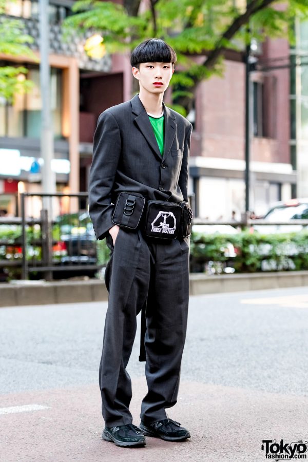 Harajuku Guy in Blunt Bob, Hugo Boss Suit, Umbro Shirt, New Balance Sneakers & Three Sisters Belt Bag