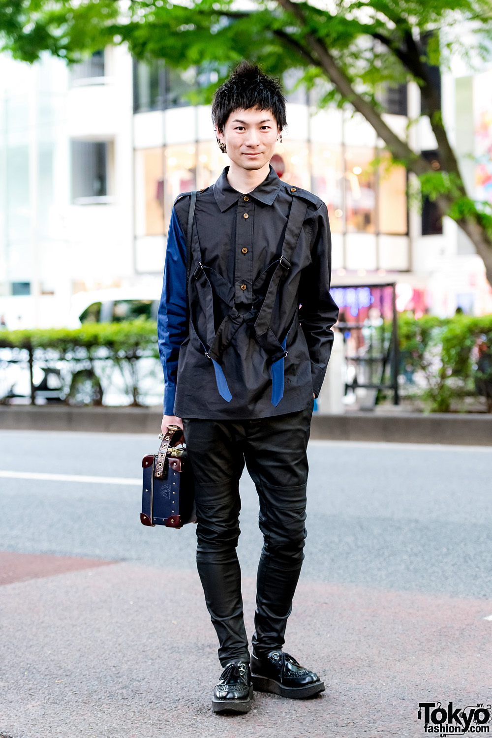 Black Harajuku Street Style w/ Vivienne Westwood Harness Strap Shirt, Skinny Pants, Suitcase Bag & George Cox Creepers