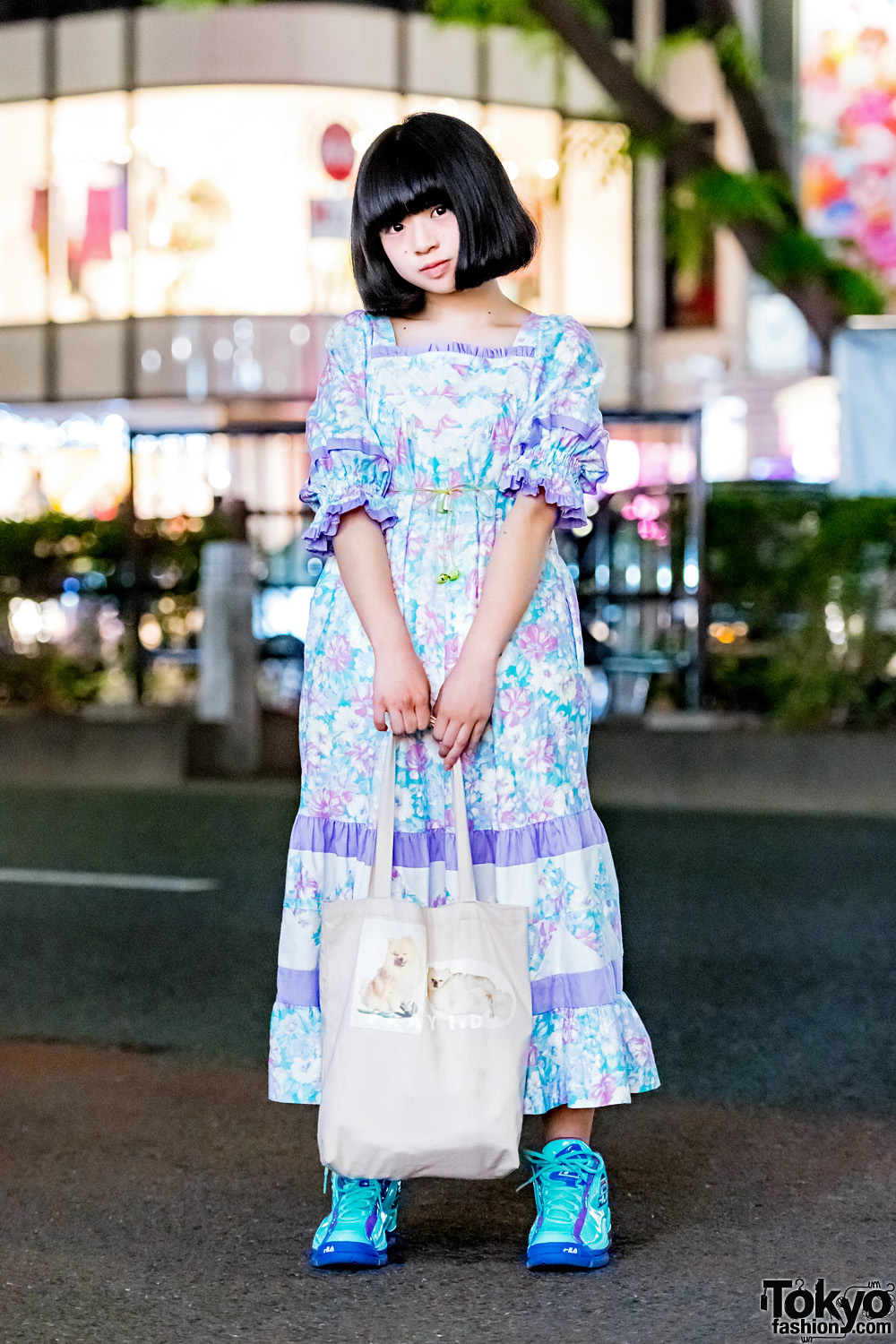 Japanese Idol Yoneko in Harajuku w/ Vintage Floral Dress, FILA Sneakers ...