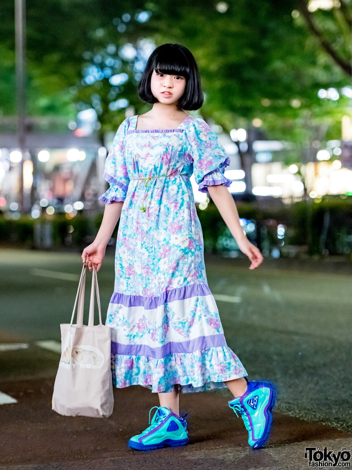 Japanese Idol Yoneko in Harajuku w/ Vintage Floral Dress, FILA Sneakers & FRAY I.D. Pomeranian Tote Bag