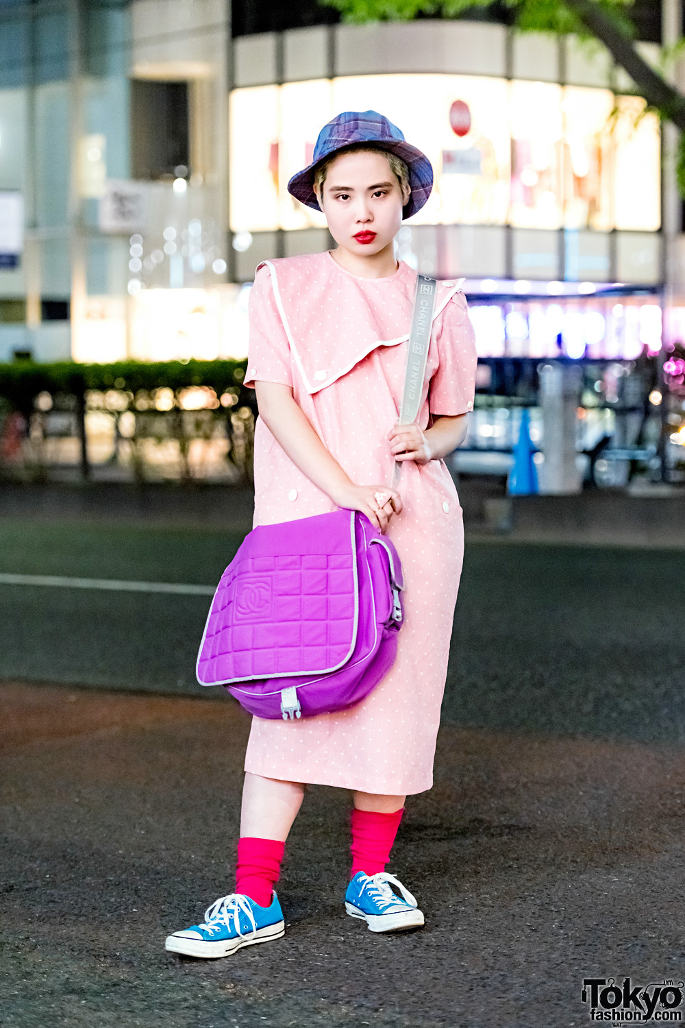 Retro Vintage Street Style in Harajuku w/ Polka Dot Dress, Converse Sneakers, Chanel Bag & Plaid Hat