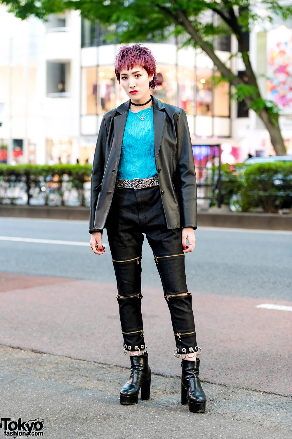 Pink Pixie Cut Hairstyle in Harajuku w/ Leather Blazer, Zipper Pants & Platform Booties