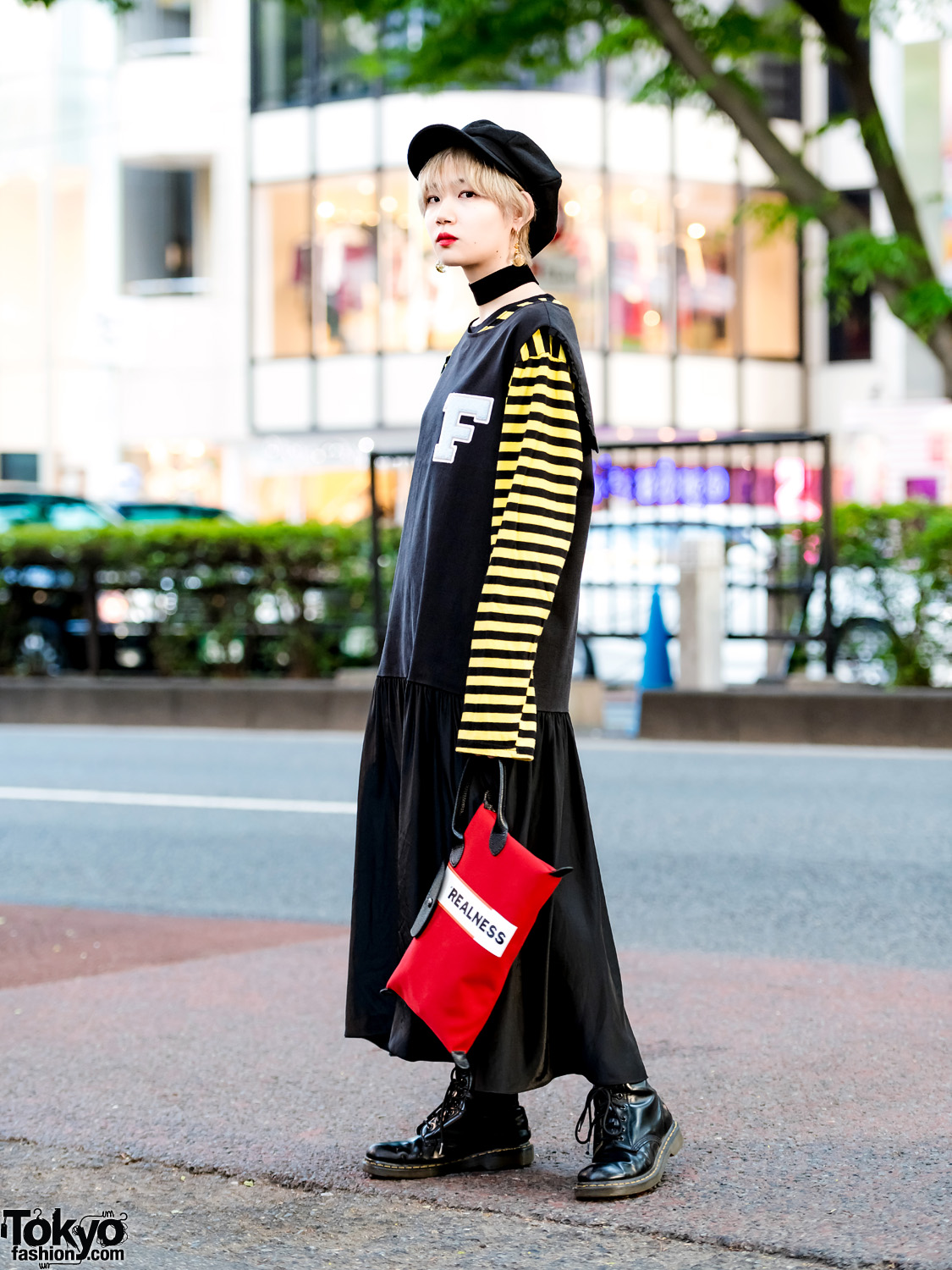 Japanese Model in Fleamadonna Top, Pleated Skirt, Longchamp Bag & Dr. Martens Boots