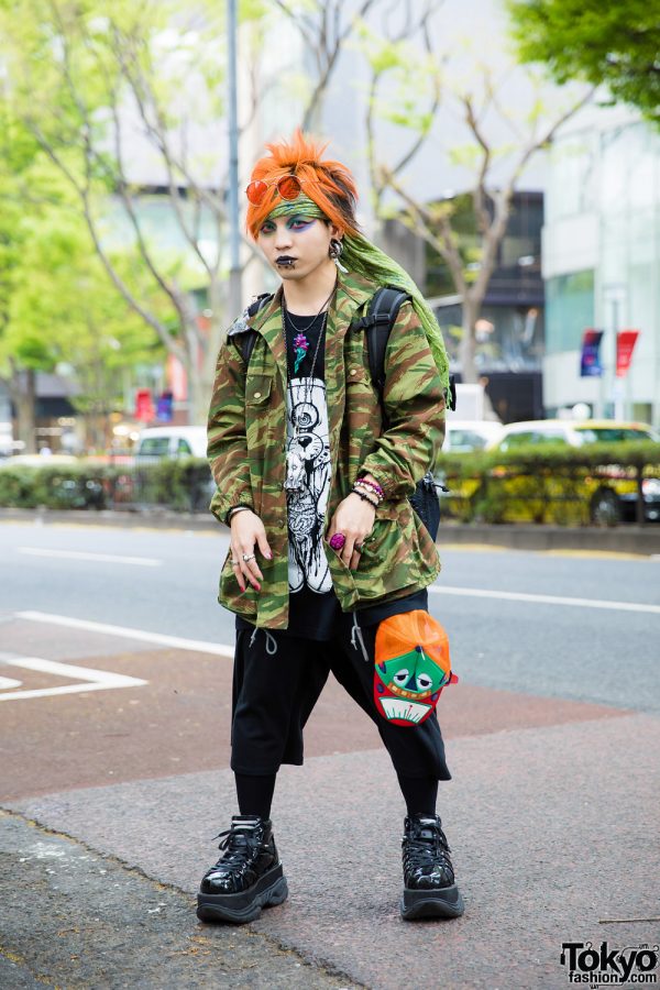 Japanese Subculture Accessories Designer in Harajuku w/ Orange Hair, Camouflage, M:E Graphic Shirt & Demonia
