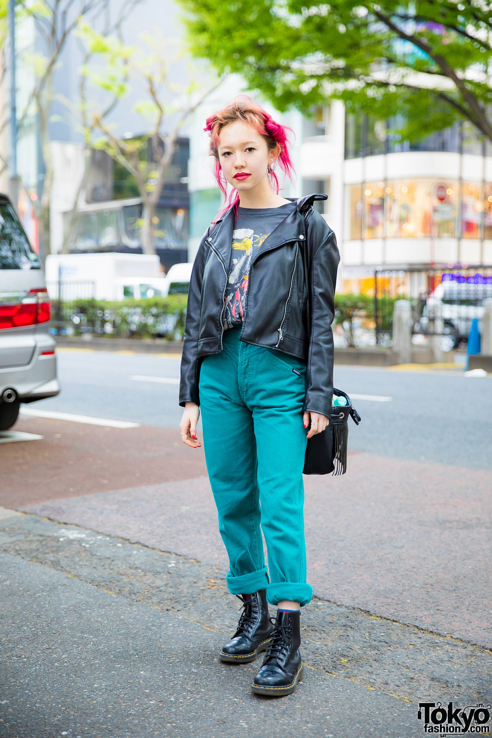 Vintage Tokyo Streetwear Style w/ Pink Hair, GU Leather Jacket, Global Work Bag, Dr. Martens Boots & Kinji Rings