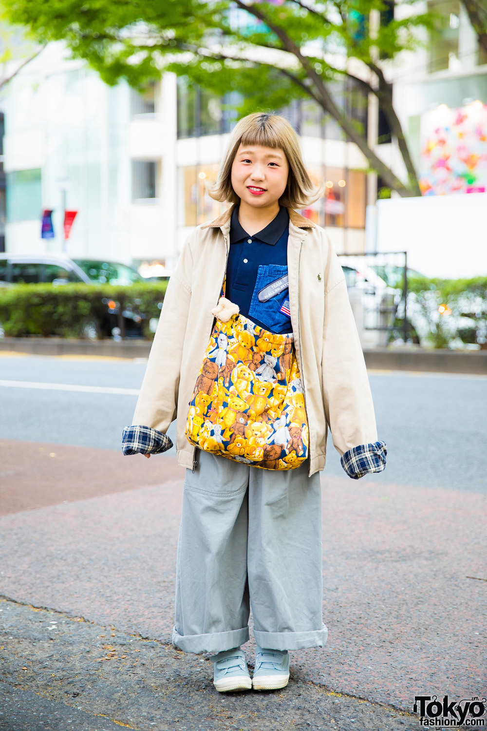 Tokyo Handmade Street Style w/ Bear Print Bag, Amatunal Pants & Ralph Lauren Jacket