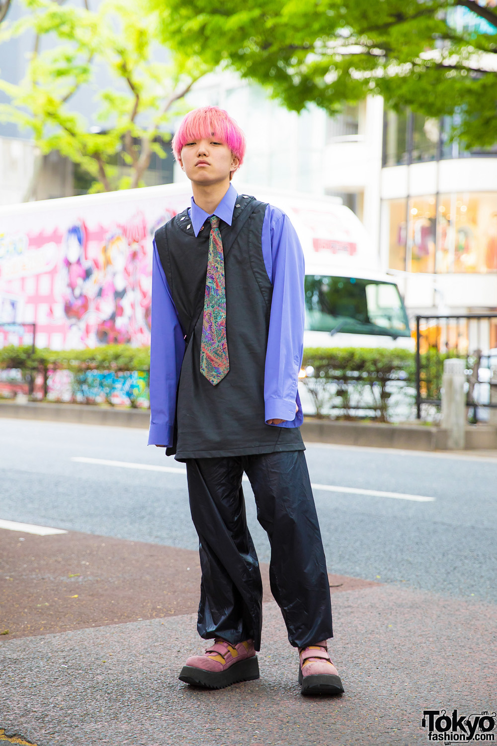 Casual Preppy Harajuku Streetwear w/ Pink Bob, Vest, Printed Necktie & Platform Colorblock Shoes