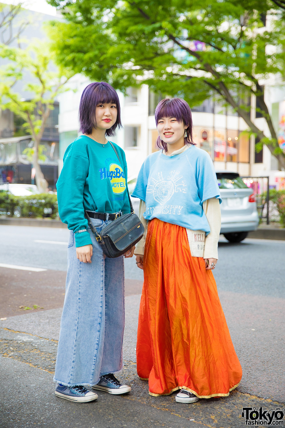 Purple-Haired Japanese Girls in Hugs Baby Sweater, GU Flared Jeans, Converse Sneakers & Orange Maxi Skirt