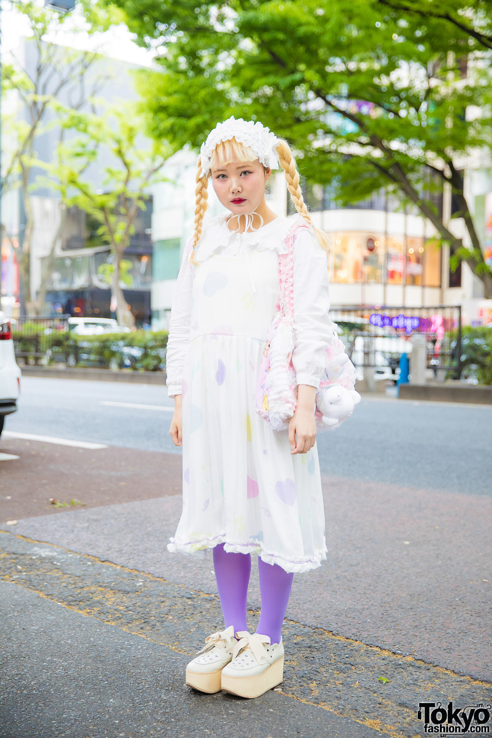 Pastel Harajuku Fashion w/ Lace Headpiece, Heart Dress, Gunifuni Bag & Tokyo Bopper Bow Shoes