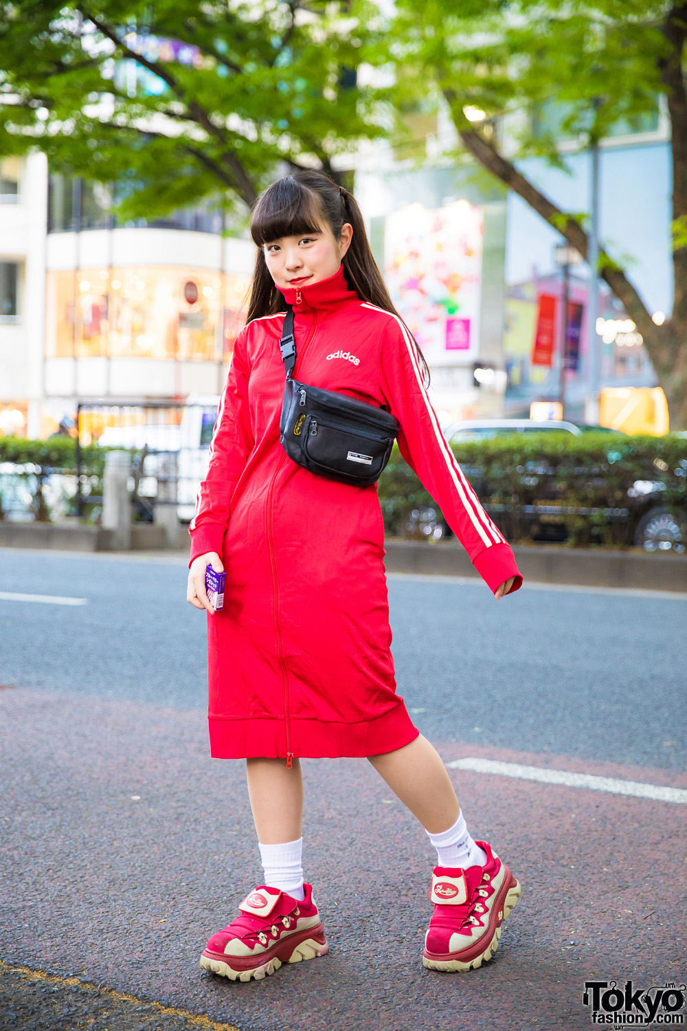 Red Sporty Harajuku Street Style in Adidas Zip-Up Dress, RRR Show Room Sneakers & Belt Bag