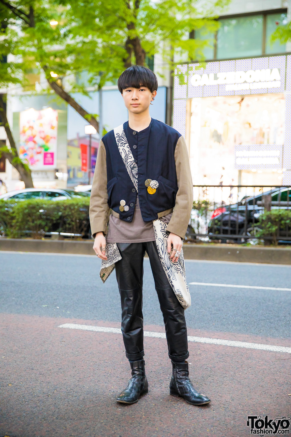 Stylish Japanese Menswear Style w/ Christopher Nemeth Two-Tone Jacket, Leather Pants, Maison Margiela Boots & Printed Tote