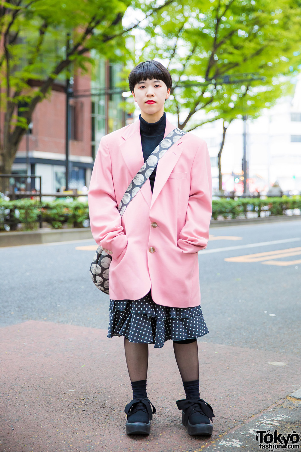 Japanese Street Style in Otoe Blazer, Comme des Garcons Ruffle Skirt, Tokyo Bopper Bow Shoes & Polka Dot Sling Bag