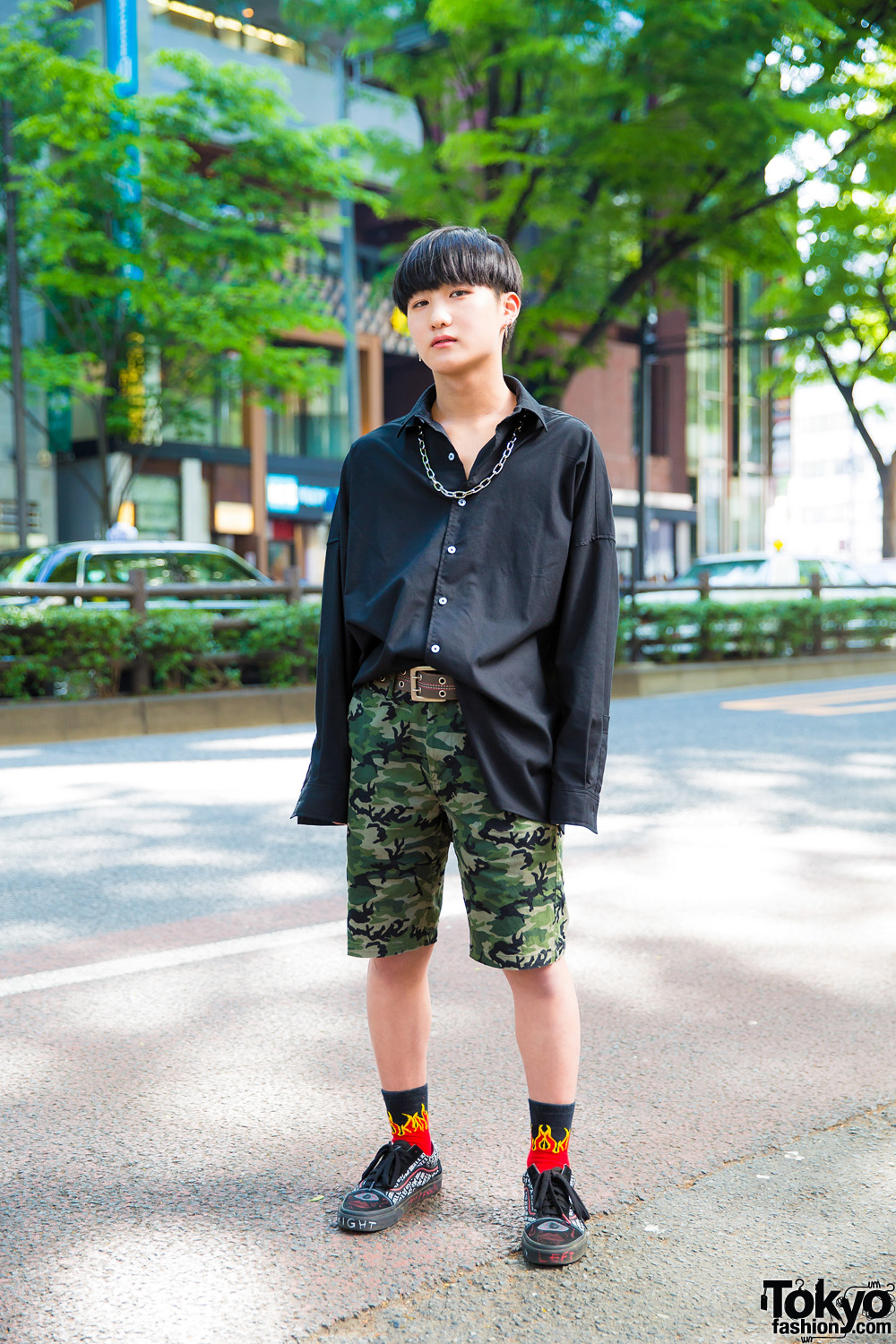 Harajuku Guy in Camouflage Print Shorts, Flame Socks & Vans Sneakers
